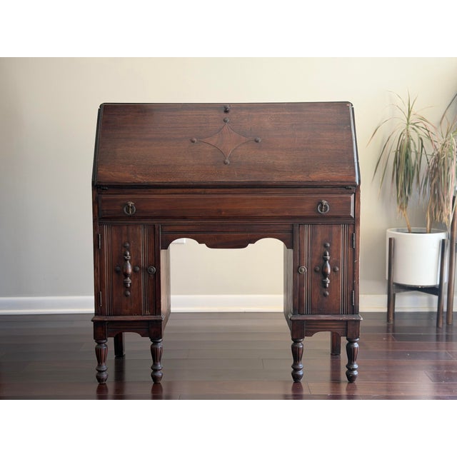 Brown Antique Circa 1930 North-Western Cabinet Co. Master-Craft Mahogany Secretary Desk — Antique Slant-Front Kneehole Desk For Sale - Image 8 of 12
