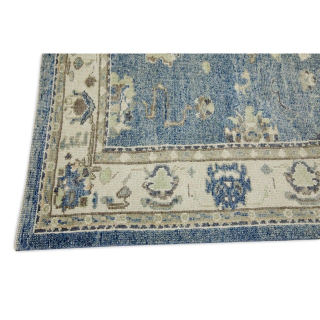 Modern Early 21st Century Blue Floral Design Handwoven Wool Turkish Oushak Rug 5'2" X 8'3" For Sale - Image 3 of 7
