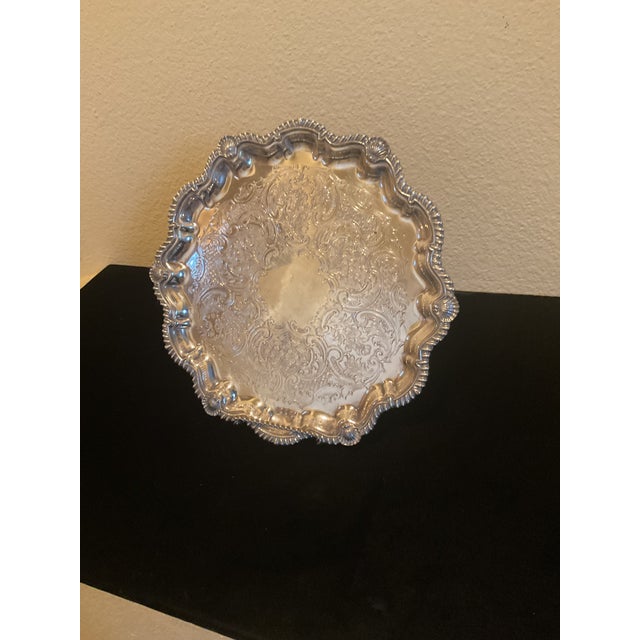 Vintage Silver Plated Engraved Footed Tray With Scalloped Edge For Sale - Image 11 of 14