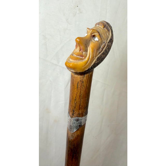 Antique 1800's Hand Carved Nut Wood Sterling Silver Man Face Walking Stick Cane For Sale - Image 14 of 17