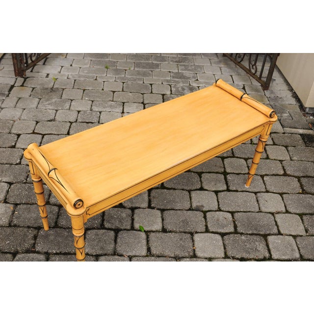Vintage English Midcentury Goldenrod Painted Wooden Bench with Black Accents For Sale - Image 10 of 11