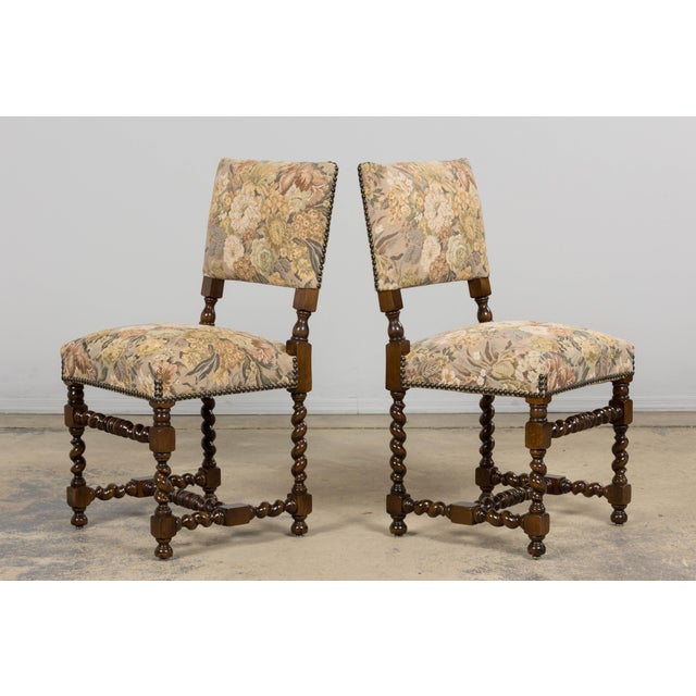 French Louis XIII Style Oak Barley Twist Dining Chairs W/ Floral Tapestry - Set of 8 For Sale - Image 15 of 18