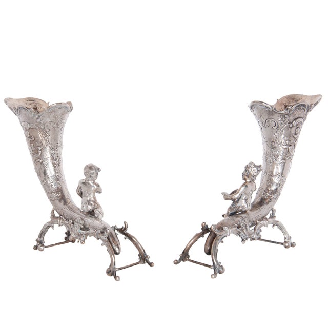 Pair of Antique German Repoussé 800 Silver Cornucopia Cherub Vases Hanau 1890 For Sale In Portland, OR - Image 6 of 12