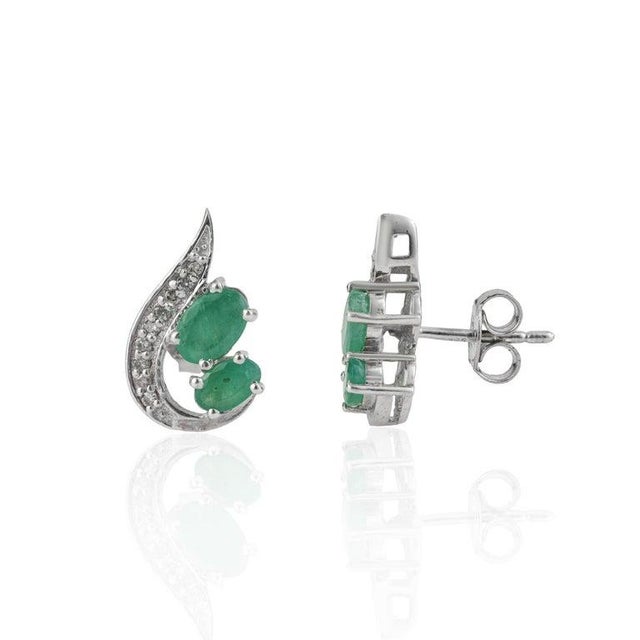 Gemstone Petite Emerald and Diamond Curved Stud Earrings in Sterling Silver - A Pair For Sale - Image 7 of 11