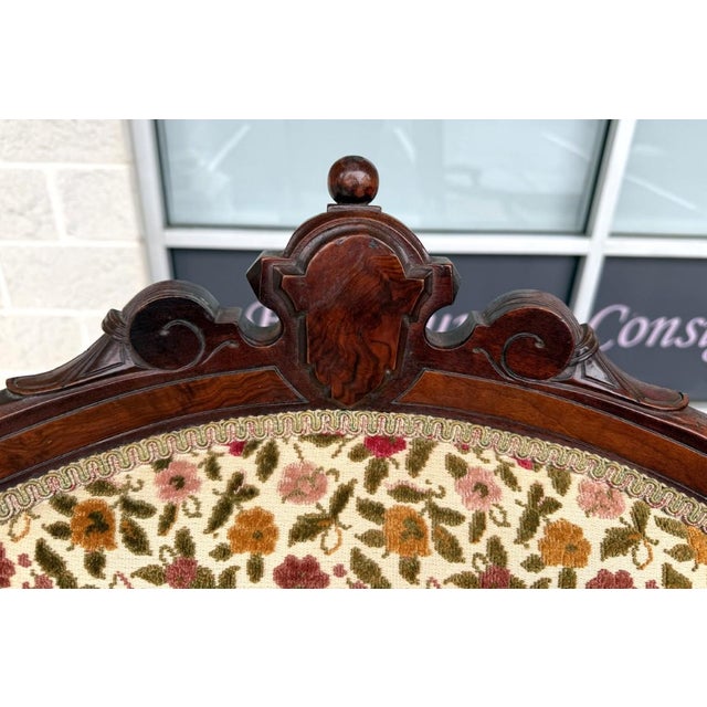 Pair of Antique Eastlake Walnut Parlor Chairs With Floral Upholstery For Sale - Image 9 of 15