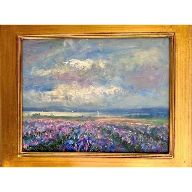 French Provincial Iris Field Landscape by Nino Pippa, Framed in Gilt Wood Some paintings decorate a room. This one changes...