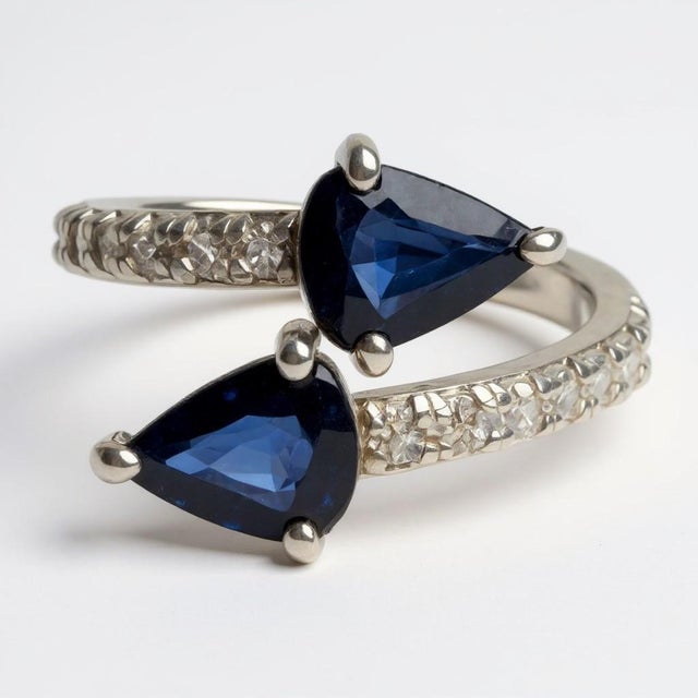 14k White Gold Matched 2 Pear-Shaped Sapphire and Diamond Cross Ring, Size 6.25 For Sale - Image 9 of 9