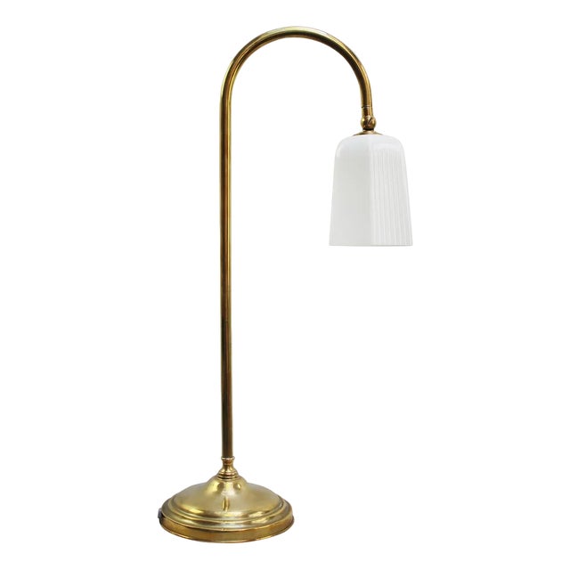 Vintage French Brass & Opaline Glass Table Lamp, 1950s For Sale