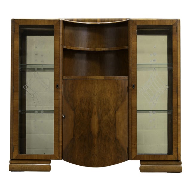 1950s Art Deco Walnut China Display Cabinet For Sale