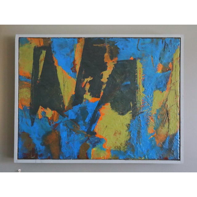 COBALT COLLISION Size: 12.6 x 16.5 inches (including frame) Oil on canvas A striking abstract composition that explores...