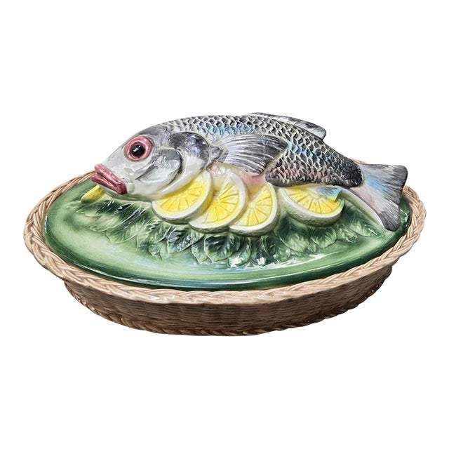 Vintage Italian Majolica Porcelain Fish Tureen Serving Dish & LId For Sale