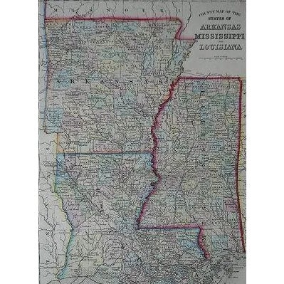 This 19th century map is a hand colored lithograph printed in the USA c.1862. It depicts the states of Louisiana,...