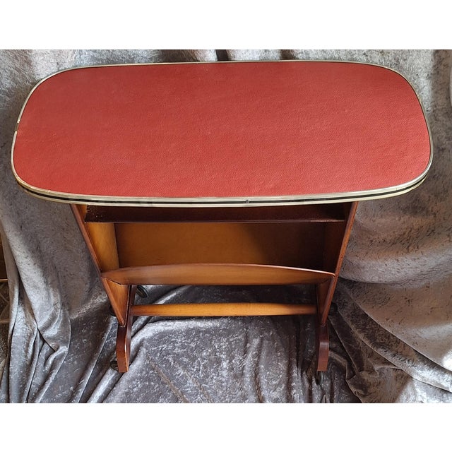 Mid-Century Side Table with Integrated Newspaper Rack in Brown Beechwood with Red Faux Leather Top, 1960s, in Very Good...