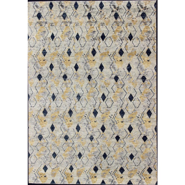 Hand Knotted Wool Modern Rug With Diamond Design in Yellow and Blue For Sale - Image 12 of 12