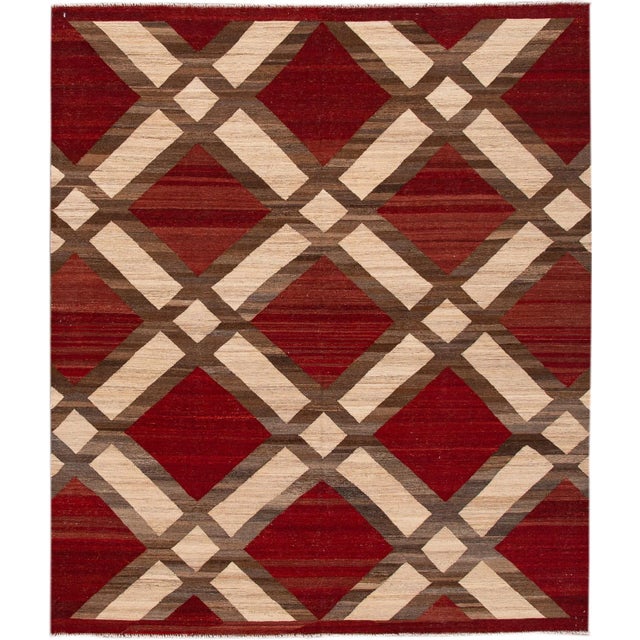 Modern Kilim Flatweave Red and Beige Geometric Wool Rug For Sale - Image 10 of 10