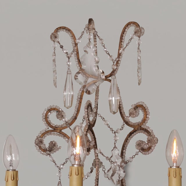 Three-Light Louis XV Style Wall Sconces in Gilt Iron with Glass Beads and Crystal Drops, 1930s, Set of 2 For Sale - Image 6 of 9
