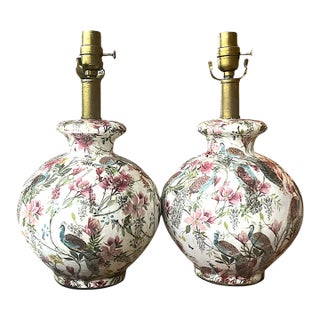 Peacock Floral Retro Pattern Table Lamps - Set of Two For Sale