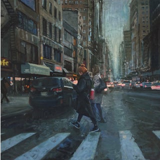 Walker by Jim Beckner | Oil on panel City street scene with pedestrians crossing at a crosswalk. For Sale