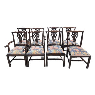 Antique 1920s Chippendale Hand Carved Georgian Style Chairs Set of Eight Brown Mahogany For Sale