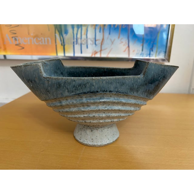 1950s Modernist Blue Japanese Footed Ikebana Vase Signed 1959 For Sale - Image 5 of 9