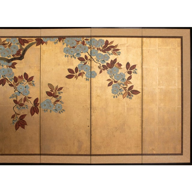 Japanese C. 1970s Chinese Six-Panel Gold Leaf Style Painted Screen "Blossoming Plum Tree" For Sale - Image 3 of 14