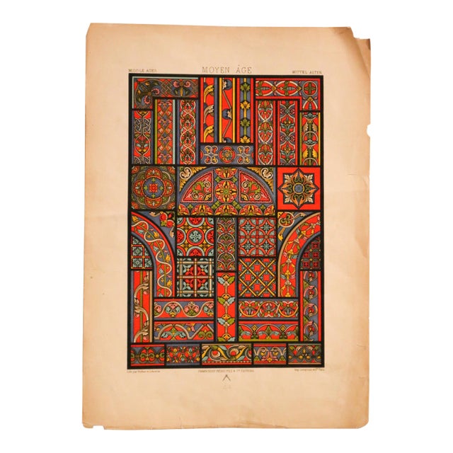 1870 French Firmin Didot Decorator Pochoir, Moyen Age, Auguste Racinet For Sale