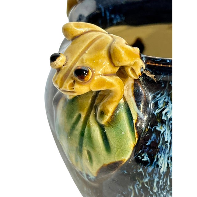 Mid 20th Century Vintage Italian Majolica Frog-Handle Cachepot Planter | Blue Glazed Pottery Vase, 4” For Sale - Image 5 of 10