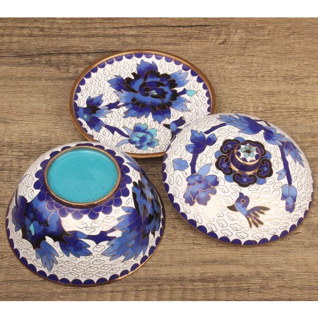 Vintage Cloisonné Enamel Lidded Bowls With Saucers – Floral & Bird Motif - Set of 4 For Sale - Image 18 of 18