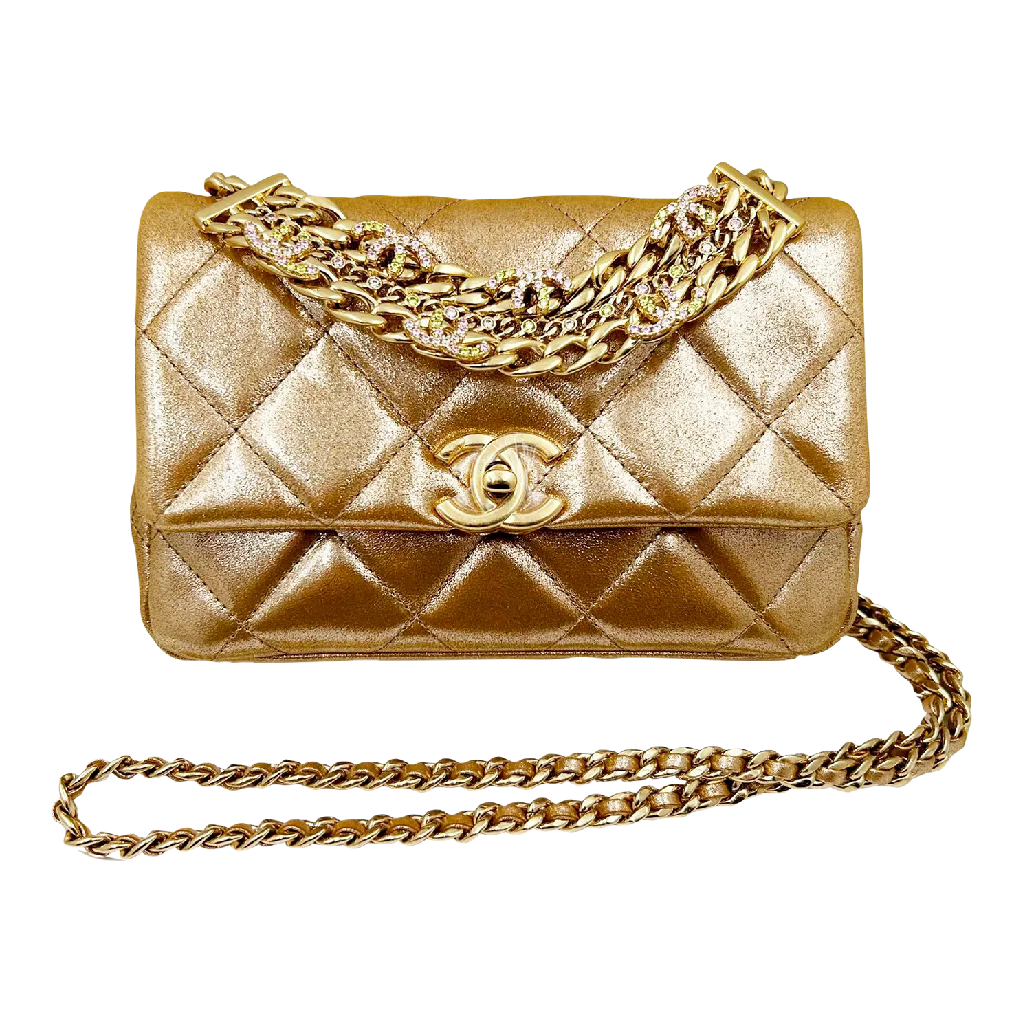 シャネル　トップハンドル　CCロゴ　スリムバニティ　ゴールド Chanel Gold Shimmer Crystal CC Handle Crossbody 2 Way Bag | Chairish