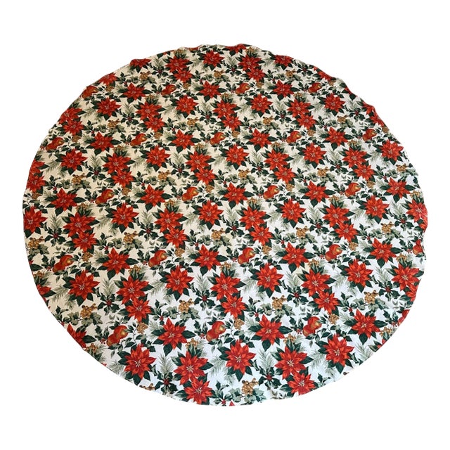 Vintage Mid Century Red Poinsettia & Holly Christmas Tablecloth - Round 69" For Sale