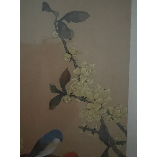 Mid 20th Century Chinoiserie Original Painting Bird With Flowers Signed For Sale - Image 5 of 9