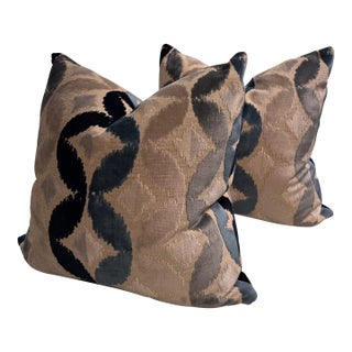 Brand New Custom Blue Geometric Cut Velvet Pillows - A Pair For Sale