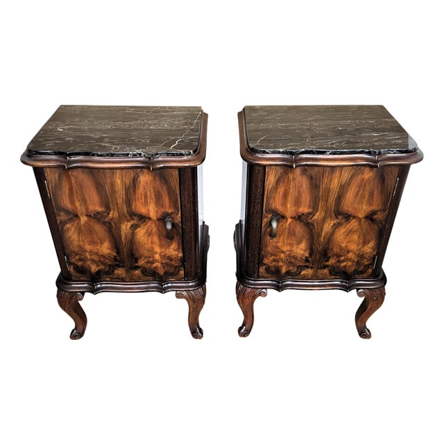Italian Chippendale Walnut Nightstands with Marble Top, 1930s, Set of 2 For Sale
