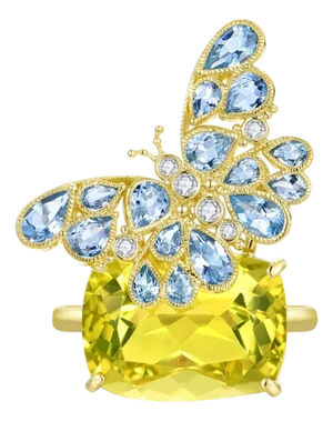 Nina Zhou 13.5ctw Aquamarine & Diamond Butterfly on Lemon Quartz Cocktail Ring (All Sizes Available)