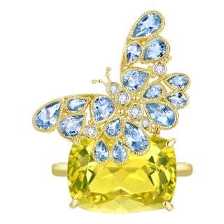 Nina Zhou 13.5ctw Aquamarine & Diamond Butterfly on Lemon Quartz Convertible Brooch-Ring (All Sizes Available) For Sale