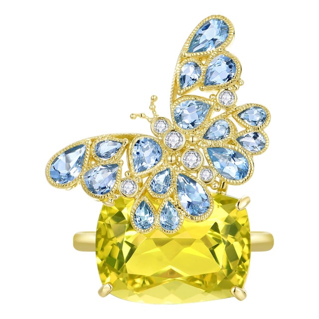 Nina Zhou 13.5ctw Aquamarine & Diamond Butterfly on Lemon Quartz Convertible Brooch-Ring (All Sizes Available) For Sale