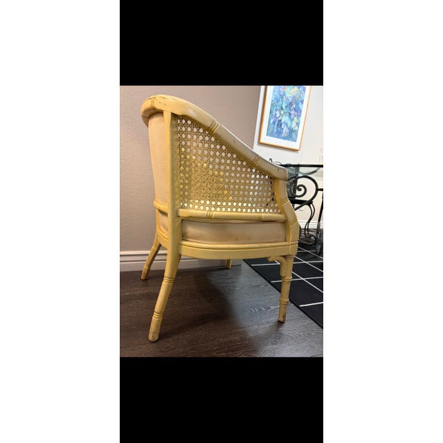 Vintage Solid Wood Faux Bamboo & Cane Barrel Chairs - Pair - Needs Reupholstery For Sale - Image 4 of 8