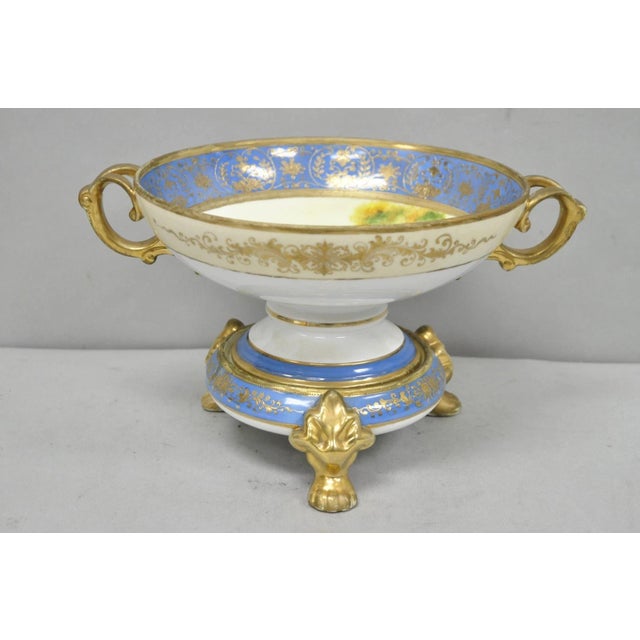Early 20th Century Early 20th Century Nippon Hand Painted Porcelain Blue Centerpiece Compote Bowl W/ Cottage & Geese For Sale - Image 5 of 18