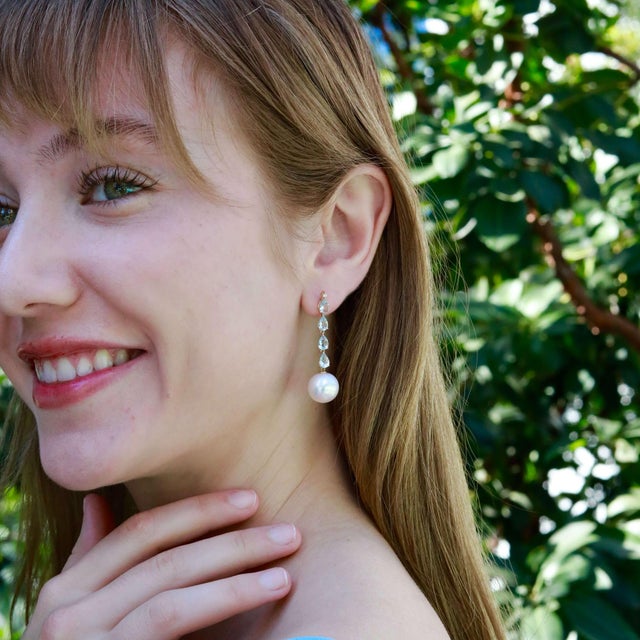 Metal Nina Zhou Rhythm 3.25ctw Natural Aquamarine & Diamond and Pearl Drop Earrings in 14k Gold For Sale - Image 7 of 9