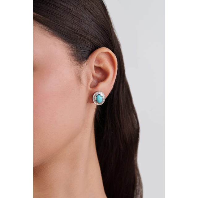 14k White Gold Halo Stud Earrings With 2.52ct Turquoise & Diamonds- A Pair For Sale - Image 10 of 15