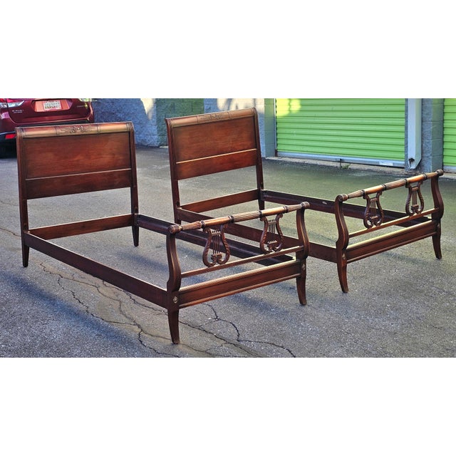 Pair Kindel Furniture Oxford Mahogany Lyre Twin Size Bedframes, Circa 1940s For Sale In Washington DC - Image 6 of 11