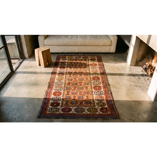 1890s Yellow Geometric Rustic Antique Caucasian Moghan Rug 3'2" X 8'10" Handknotted Wool Carpet For Sale In New York - Image 6 of 7
