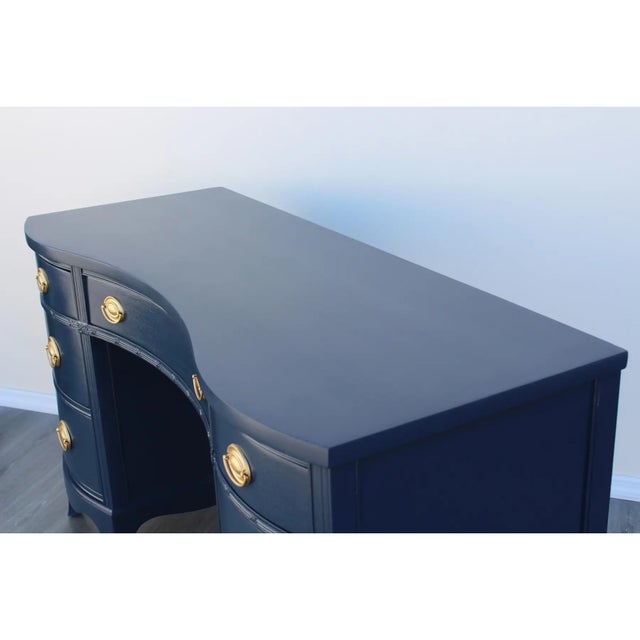 Chippendale 1970s Vintage Chippendale Pedestal Blue Desk For Sale - Image 3 of 6