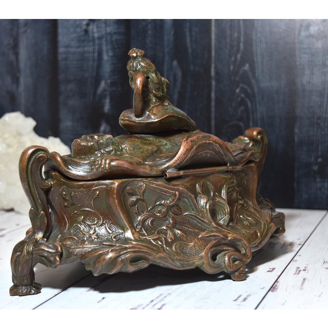 Metal Antique Art Nouveau Metal Dresser Box Casket Lady on Bear Skin Rug For Sale - Image 7 of 18