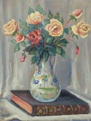 Marrot, Vintage French Oil Still Life - Roses & Reading