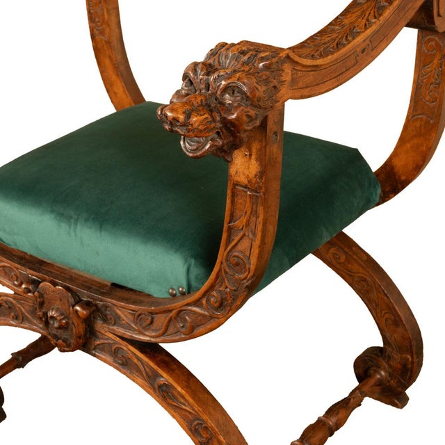 Antique Renaissance Revival Carved Walnut Green Man Savonarola Chair Circa 1890 For Sale - Image 16 of 17
