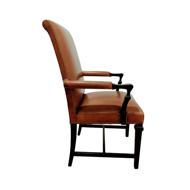 English Vintage Leather Armchair Brass Nailhead Trim Mahogany Legs. For Sale - Image 3 of 7