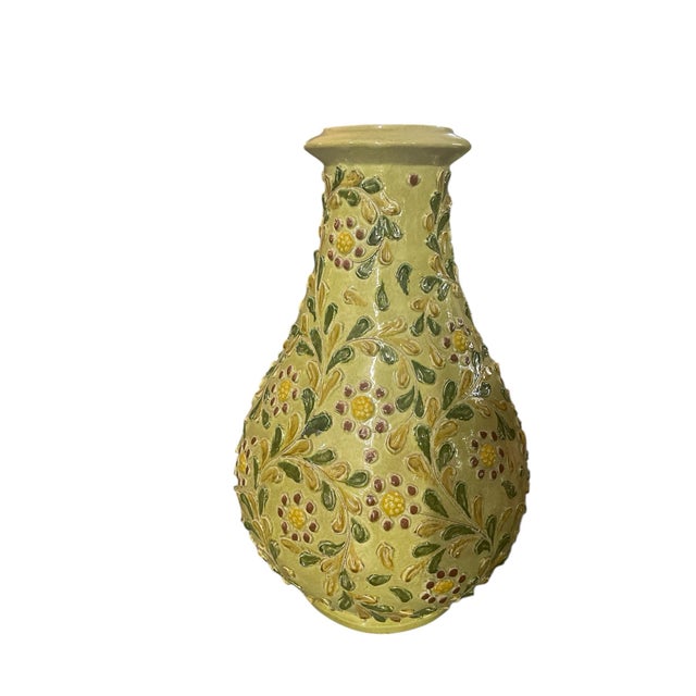 Italian Italian Hand-Painted Relief Floral Ceramic Vase For Sale - Image 3 of 10
