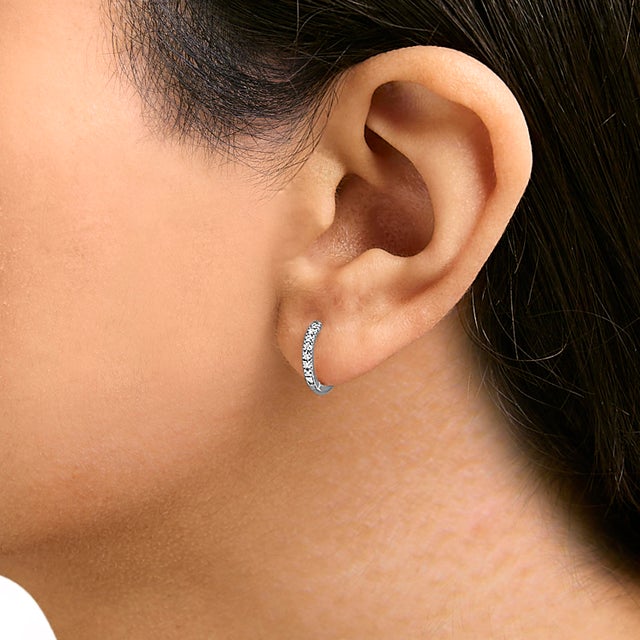 14K White Gold 1/5 CTW Diamond Huggie Hoop Earrings For Sale - Image 4 of 5