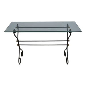 Scrolled Iron Base Glass Top Console or Sofa Table